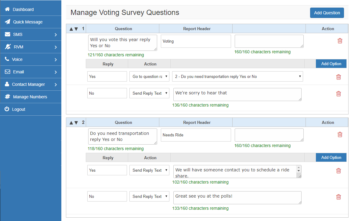 SMS Survey Options