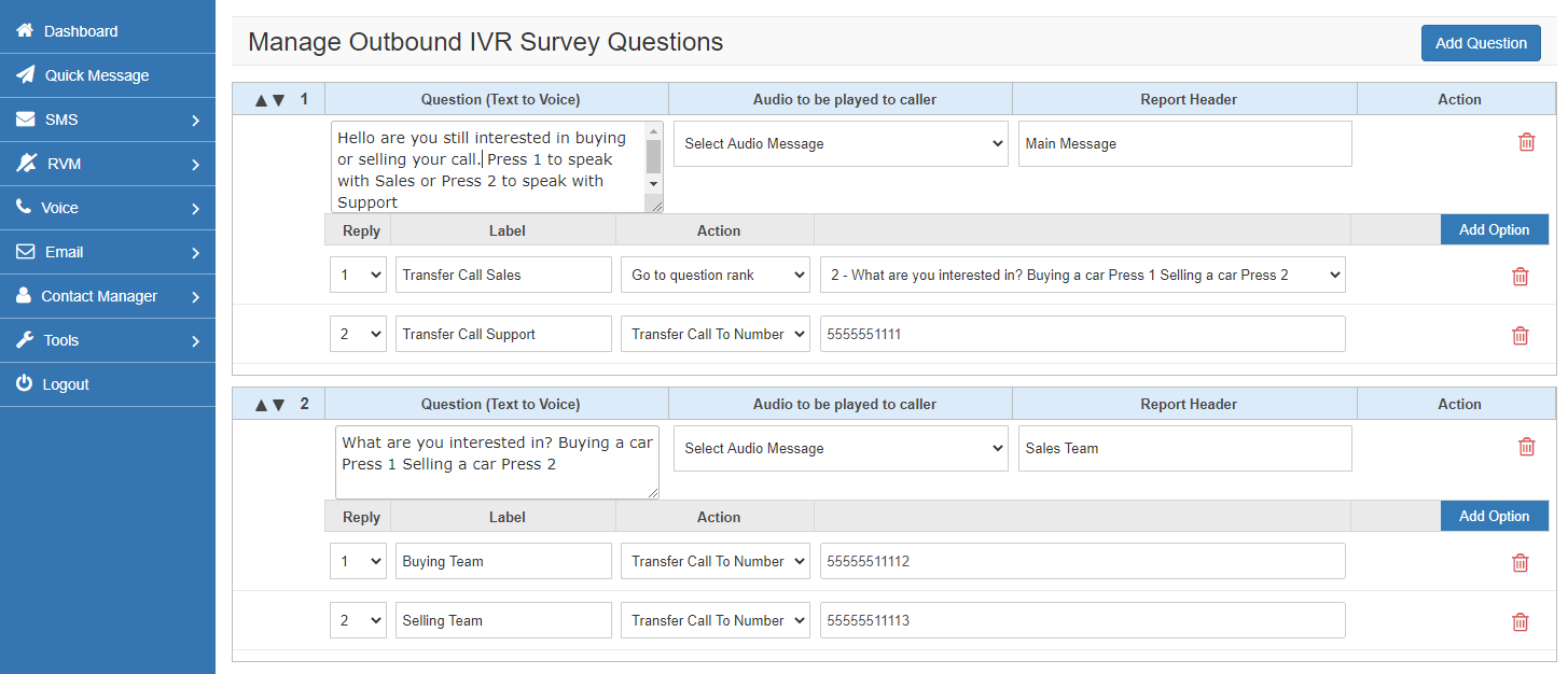 Outbound Voice Survey Options